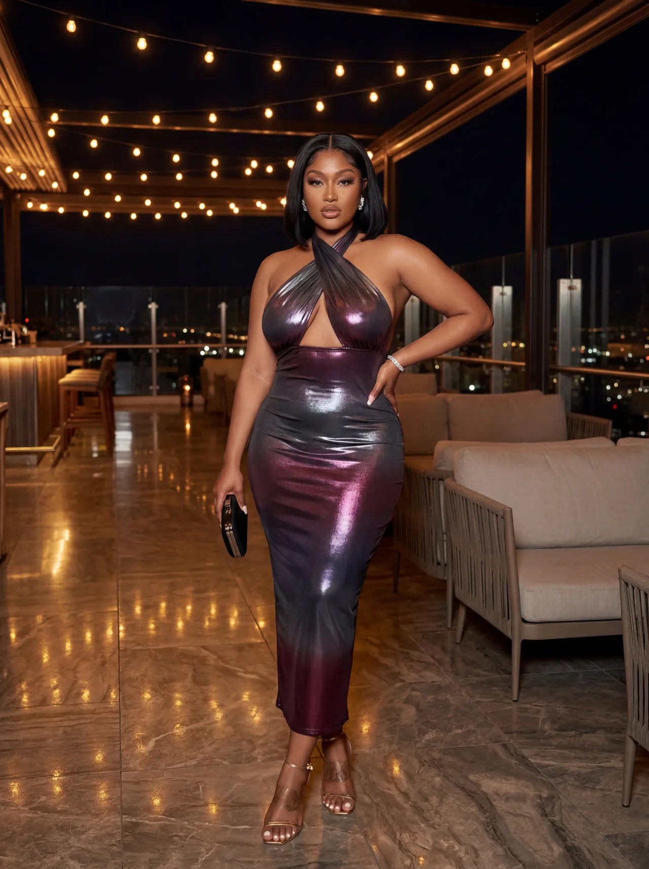 holographic mesh dress Sheer Mesh Maxi Dress, Holographic Geometric Print Gown, Black Spandex Party Dress, Long Sleeve Festival Outfit, See Through Club Wear
